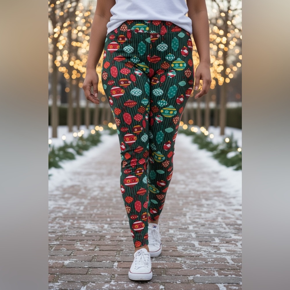 LuLaRoe Christmas Ornaments Leggings Size TC2 Green Red